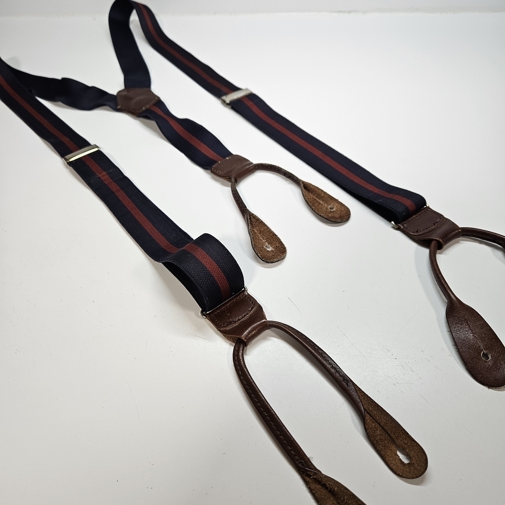 Dooney & Bourke Navy Blue Red Strip Leather Trim Suspenders Set One Size